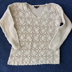 Yarnworks Sweater Womens XL Beige Crochet Floral Knit V Neck Ramie Cotton Boho